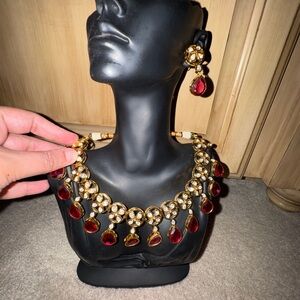 Kundan Elegant Gold and Red Jewelry Set